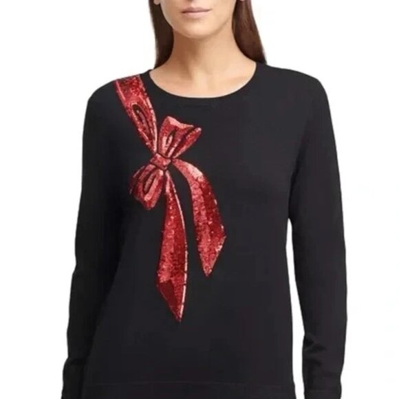 DKNY Very Soft Black Crewneck Sweater w/Red Sequin Bow Medium NEW - Picture 1 of 4